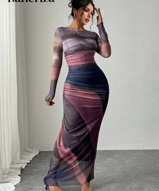 ROSALIE - Comfy Printed Long Sleeve Round Neck Bodycon Maxi Dress