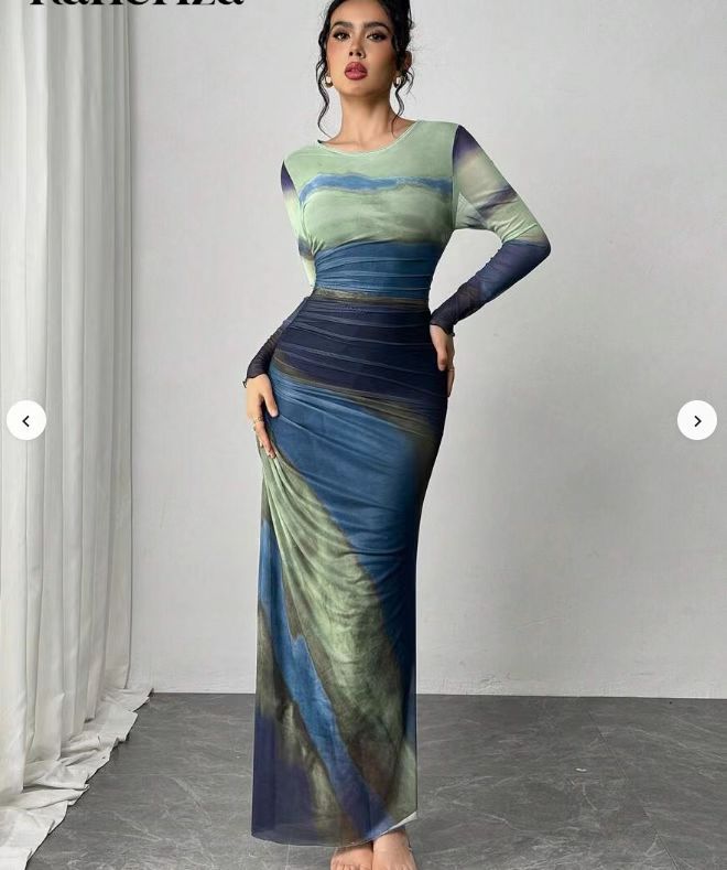ROSALIE - Comfy Printed Long Sleeve Round Neck Bodycon Maxi Dress