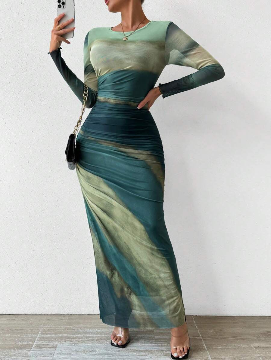 ROSALIE - Comfy Printed Long Sleeve Round Neck Bodycon Maxi Dress