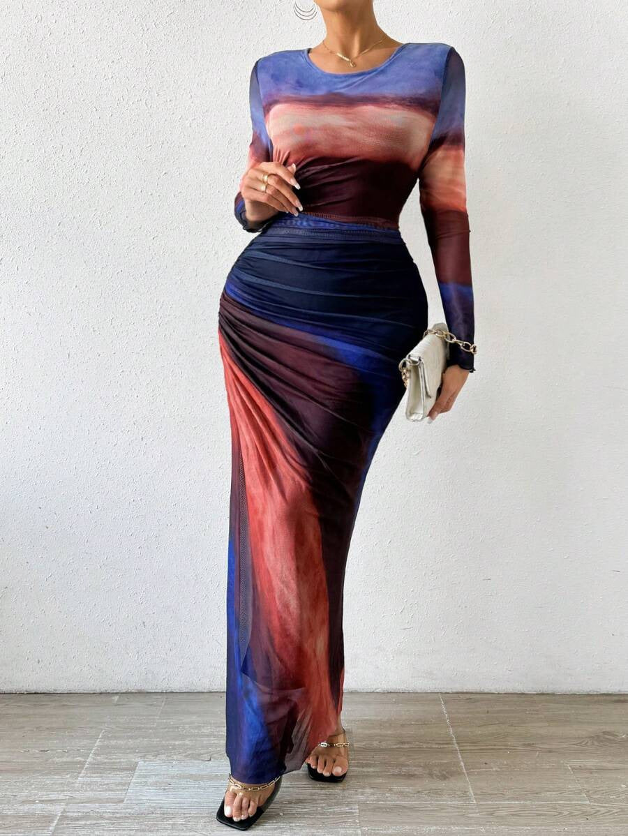 ROSALIE - Comfy Printed Long Sleeve Round Neck Bodycon Maxi Dress