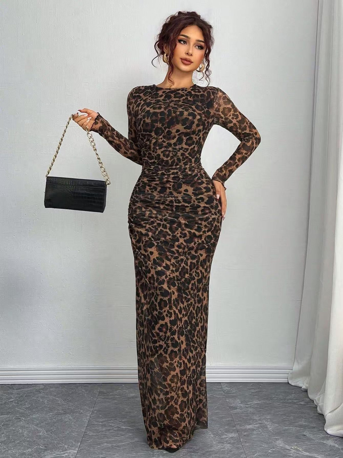 ROSALIE - Comfy Printed Long Sleeve Round Neck Bodycon Maxi Dress