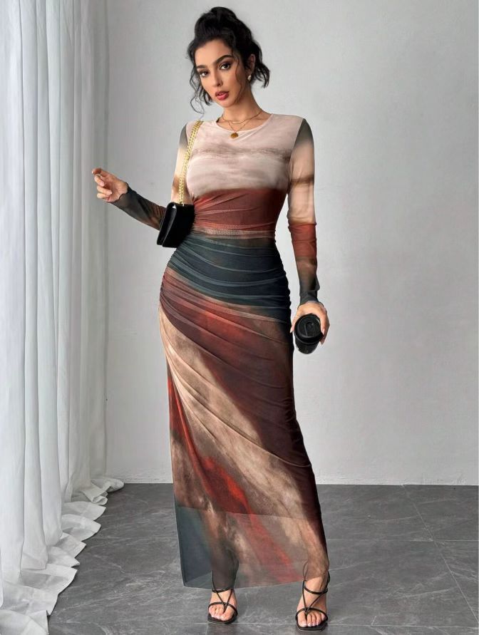 ROSALIE - Comfy Printed Long Sleeve Round Neck Bodycon Maxi Dress