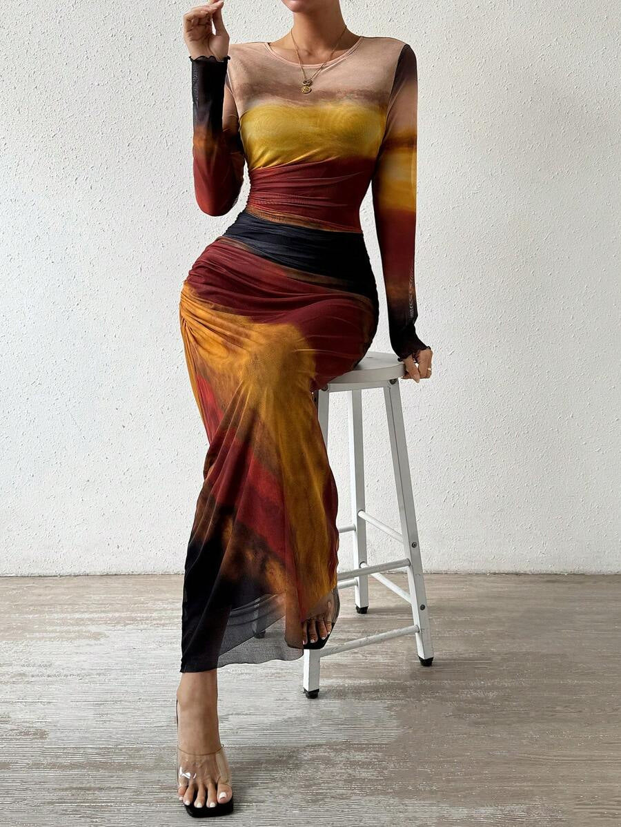 ROSALIE - Comfy Printed Long Sleeve Round Neck Bodycon Maxi Dress