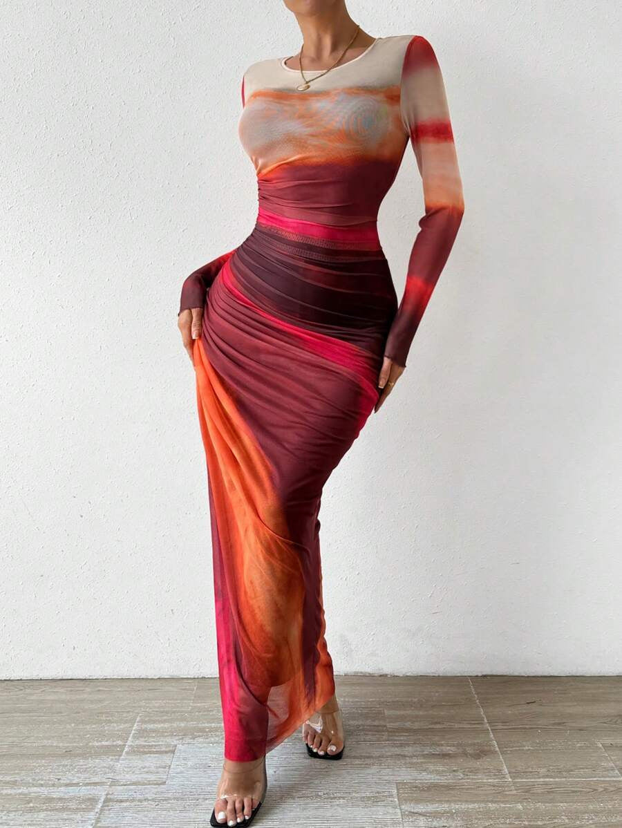 ROSALIE - Comfy Printed Long Sleeve Round Neck Bodycon Maxi Dress