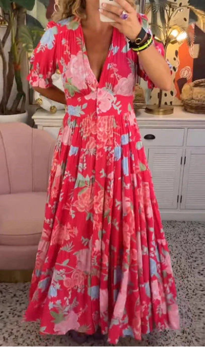 Orla™ Elegant Printed Dress with V-Neck and Pockets