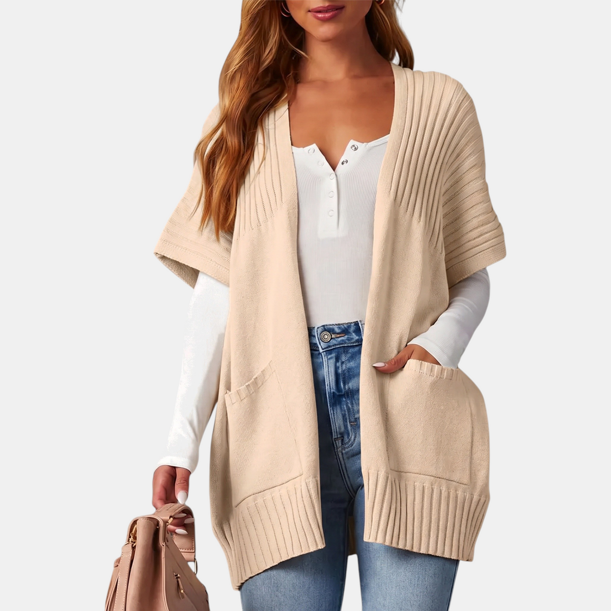 Women's Short Sleeve Cardigan Chunky Ribbed Knit Open Front