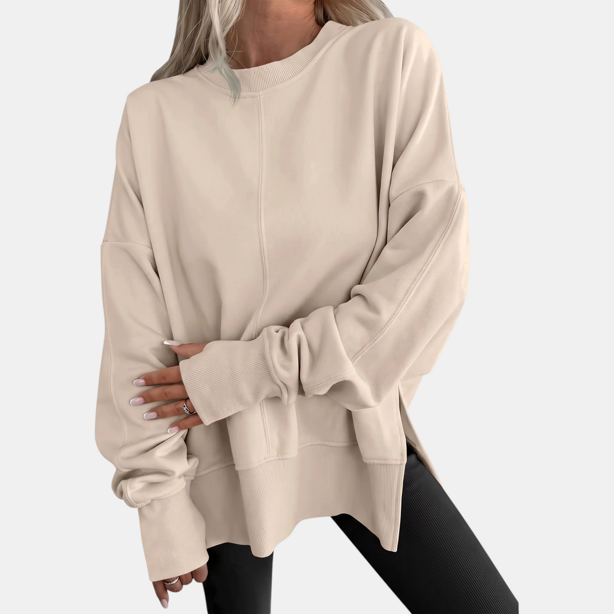 Women's Oversized Crewneck Sweatshirt Drop Shoulder Side Slit Hem
