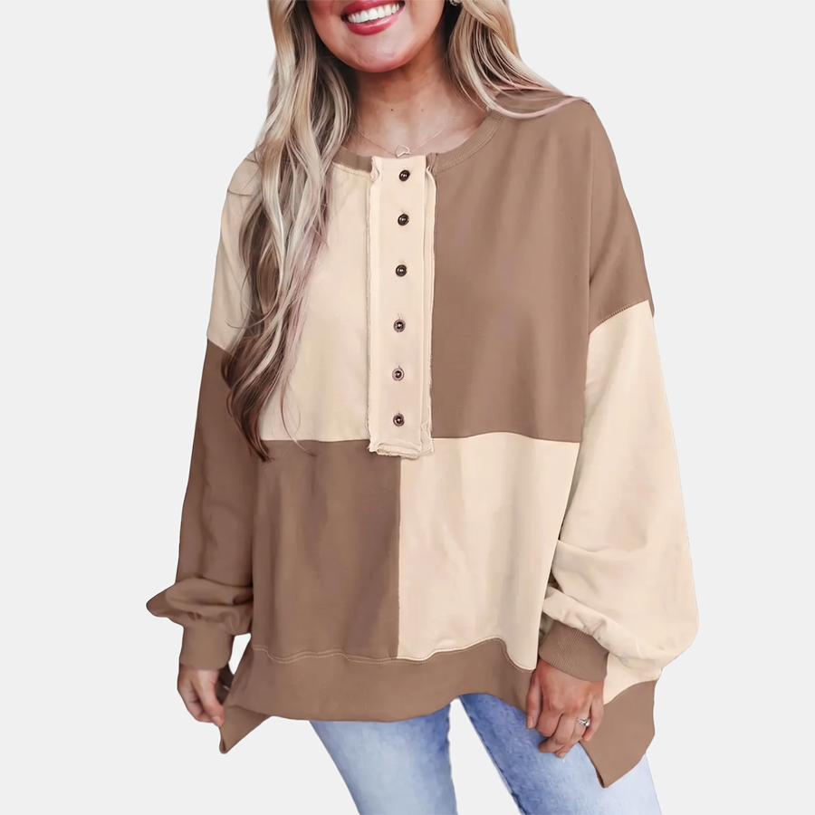 Women's Oversized Colour Block Button Placket Crewneck Sweatshirt