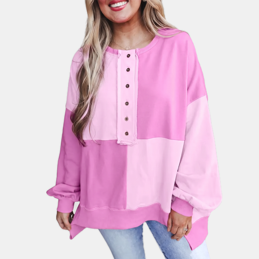 Women's Oversized Colour Block Button Placket Crewneck Sweatshirt