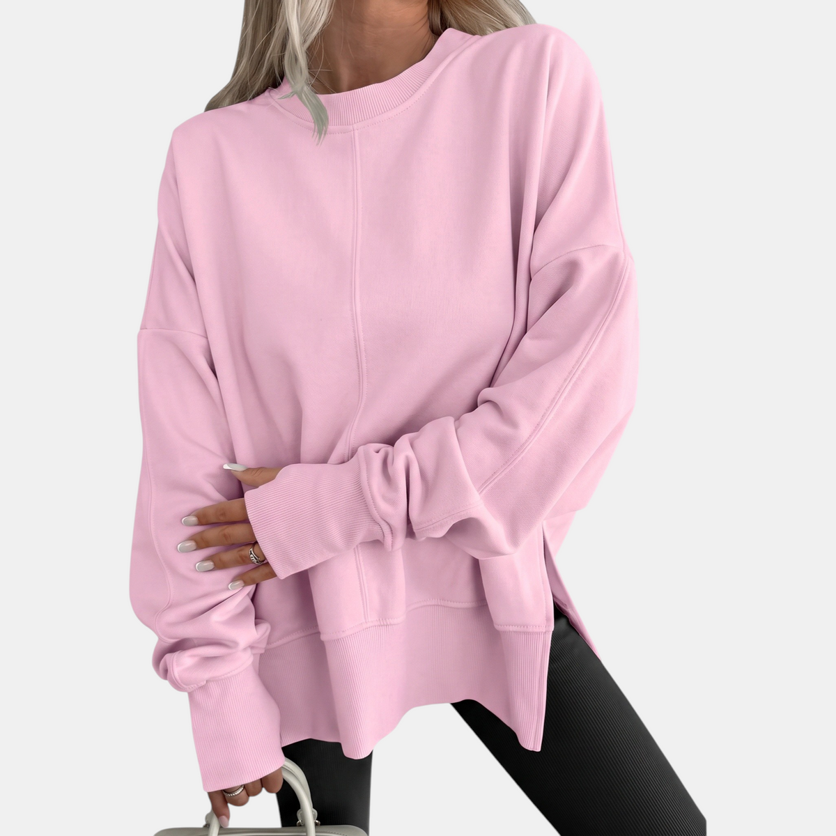 Women's Oversized Crewneck Sweatshirt Drop Shoulder Side Slit Hem