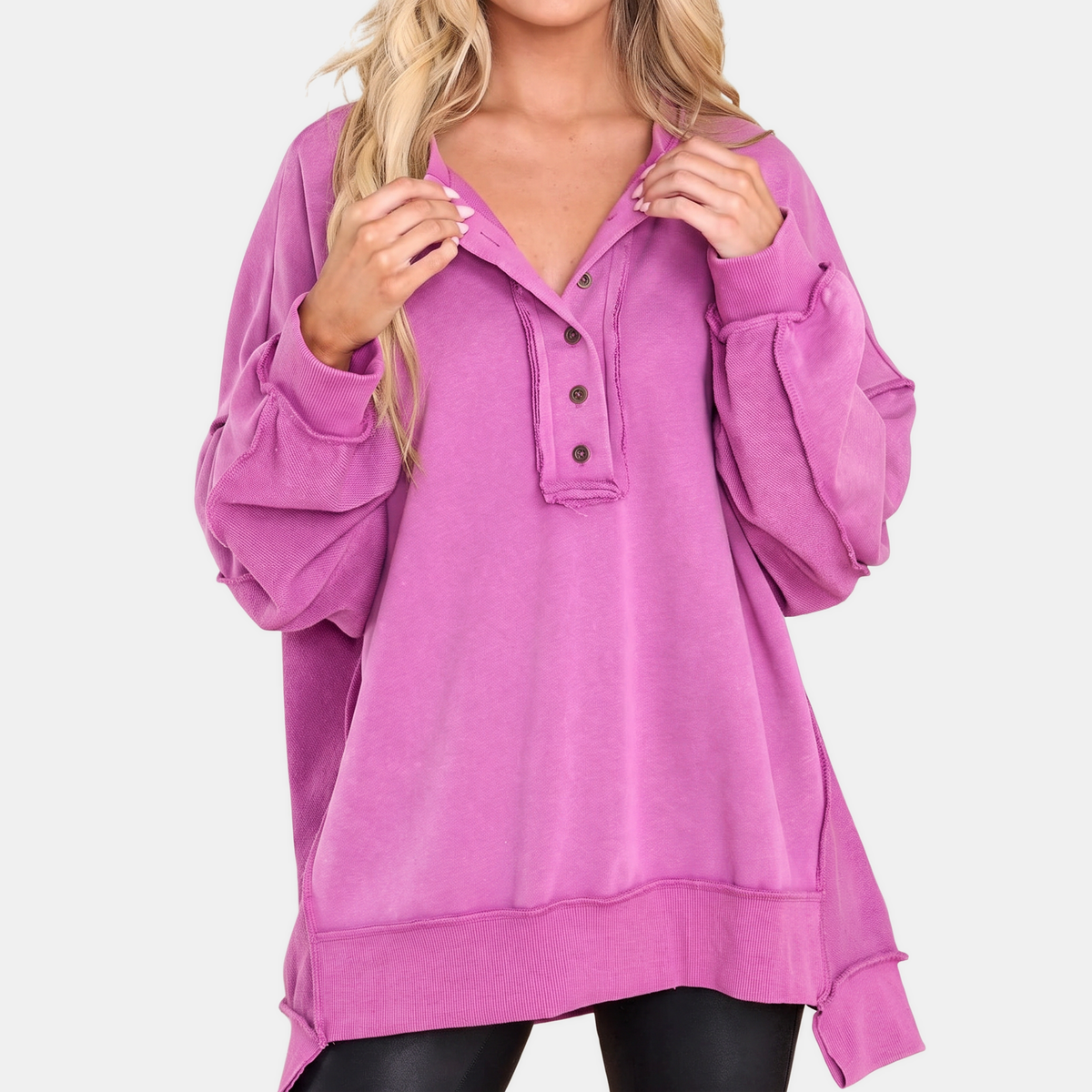 Women's Oversized Hoodie Button Placket Balloon Sleeve Sweatshirt