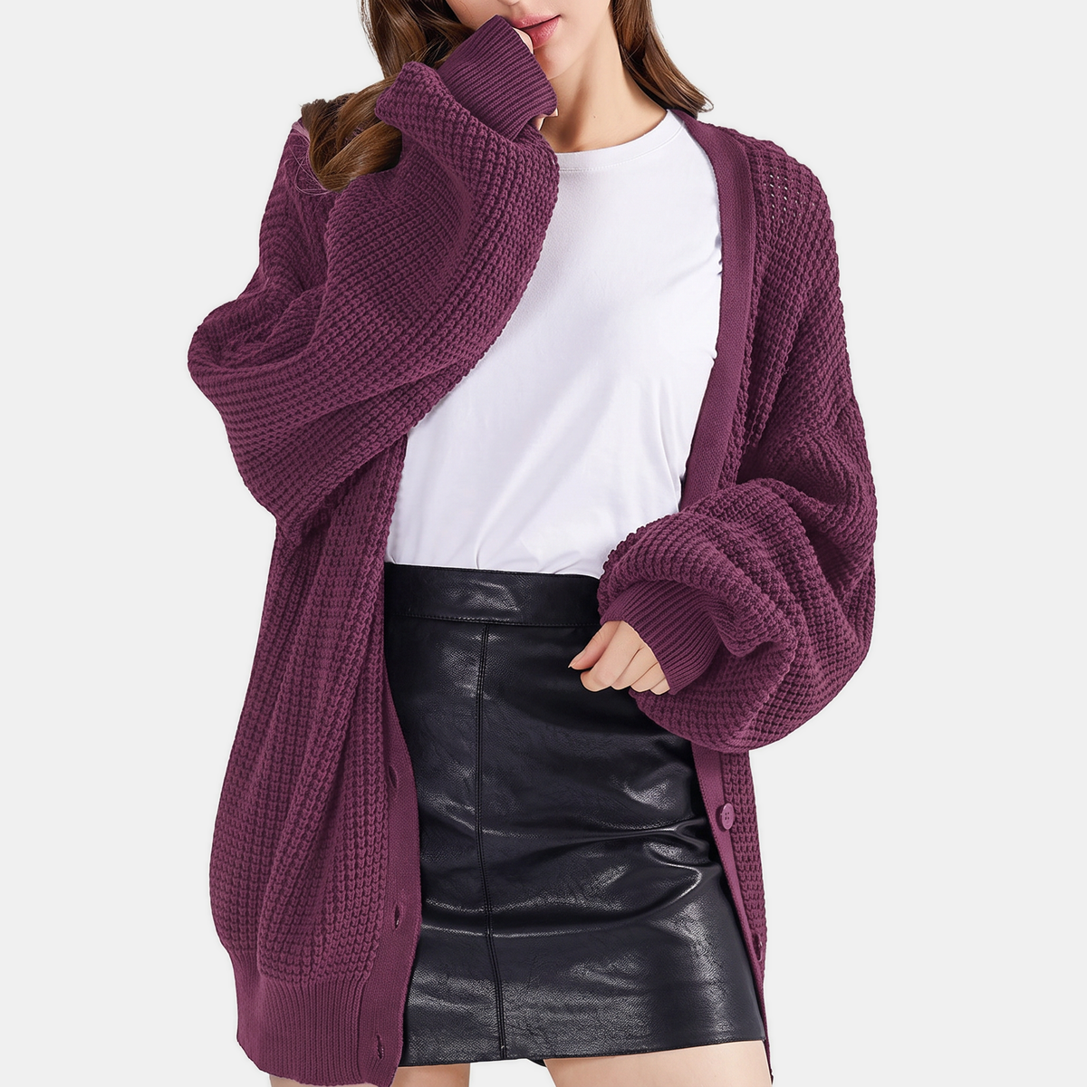 Women's Chunky Knit Balloon Sleeve Button Front Cardigan Sweater
