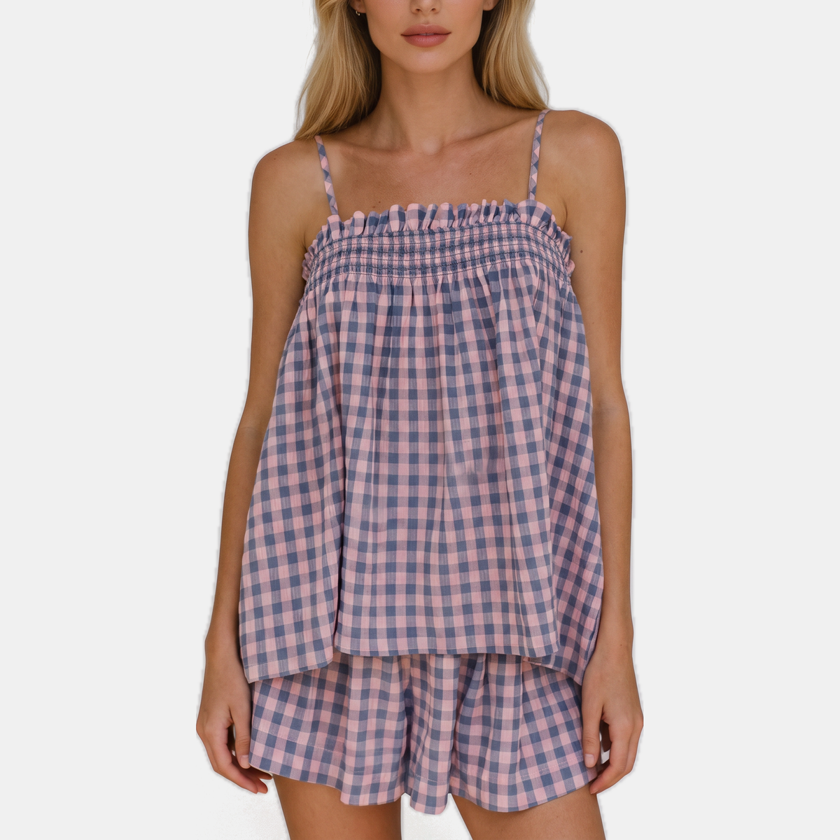 Women's Smocked Ruffle Trim Gingham Cami Top and Shorts Set