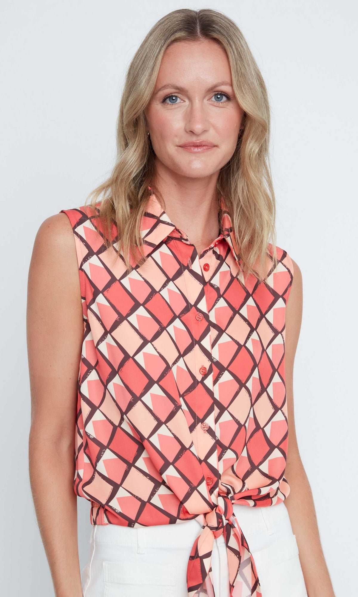 Geometric Print Tie Front Sleeveless Blouse