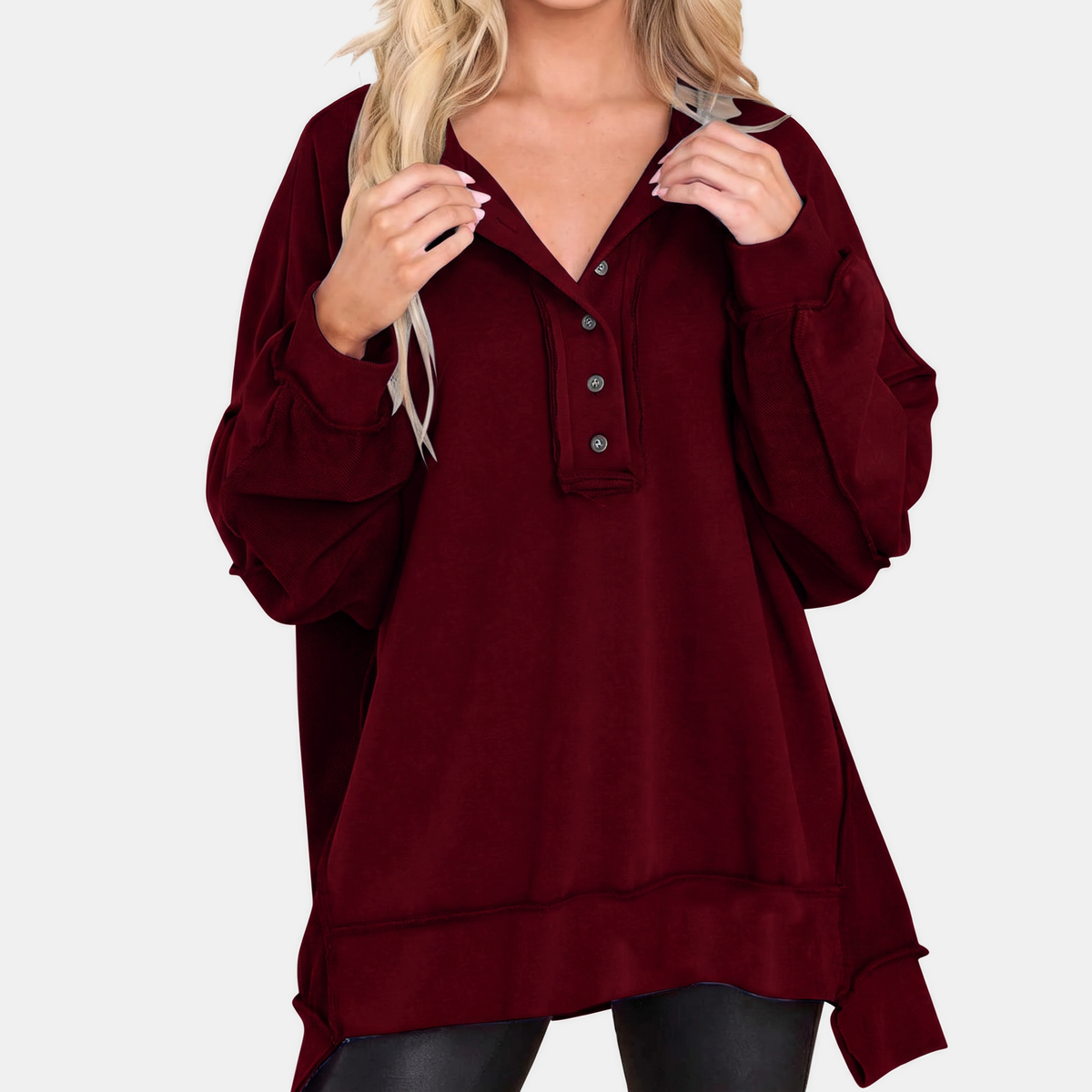 Women's Oversized Hoodie Button Placket Balloon Sleeve Sweatshirt
