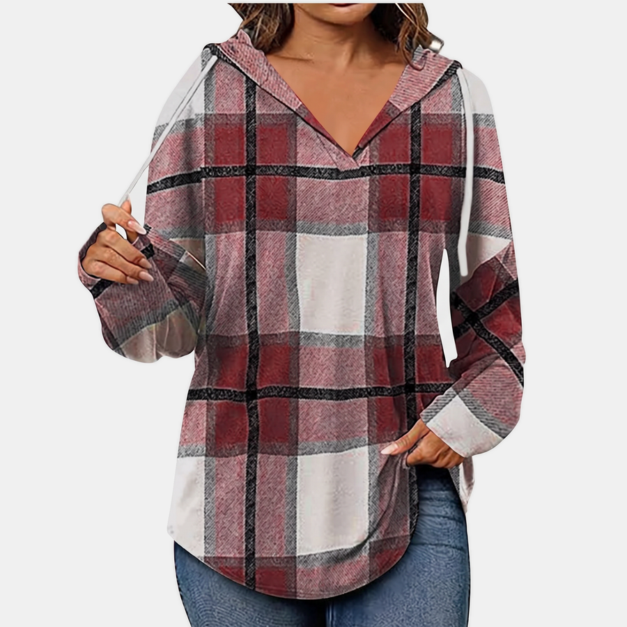 Women's Oversized Plaid Hoodie with V-Neck and Kangaroo Pockets