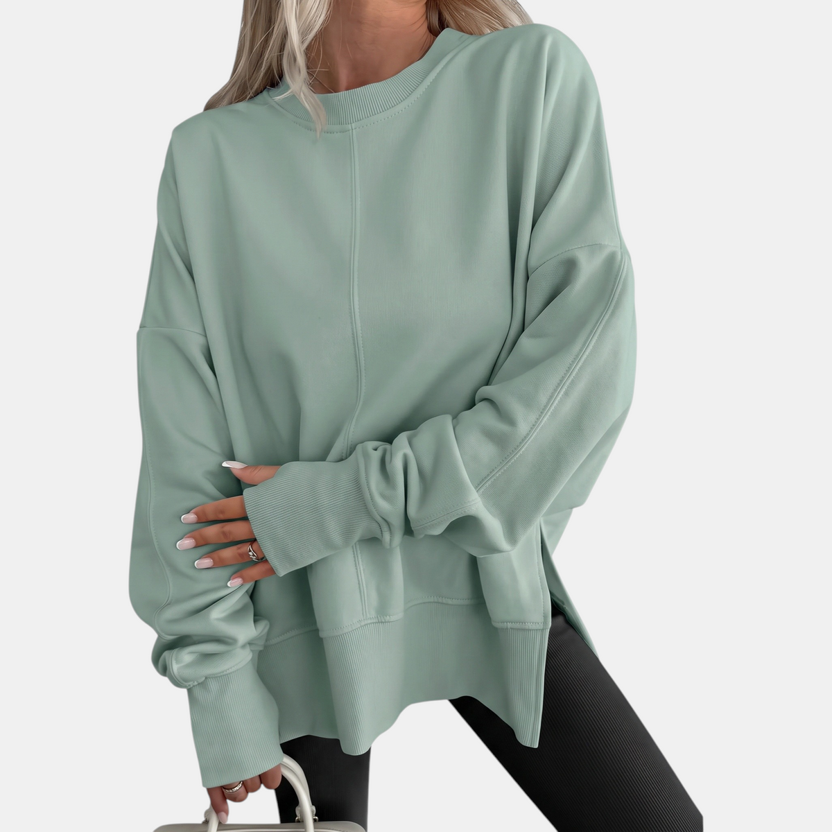 Women's Oversized Crewneck Sweatshirt Drop Shoulder Side Slit Hem