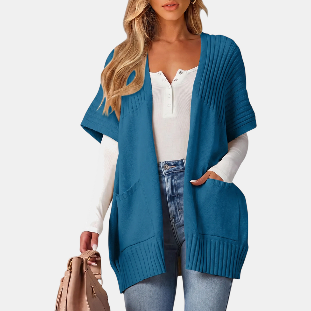 Women's Short Sleeve Cardigan Chunky Ribbed Knit Open Front