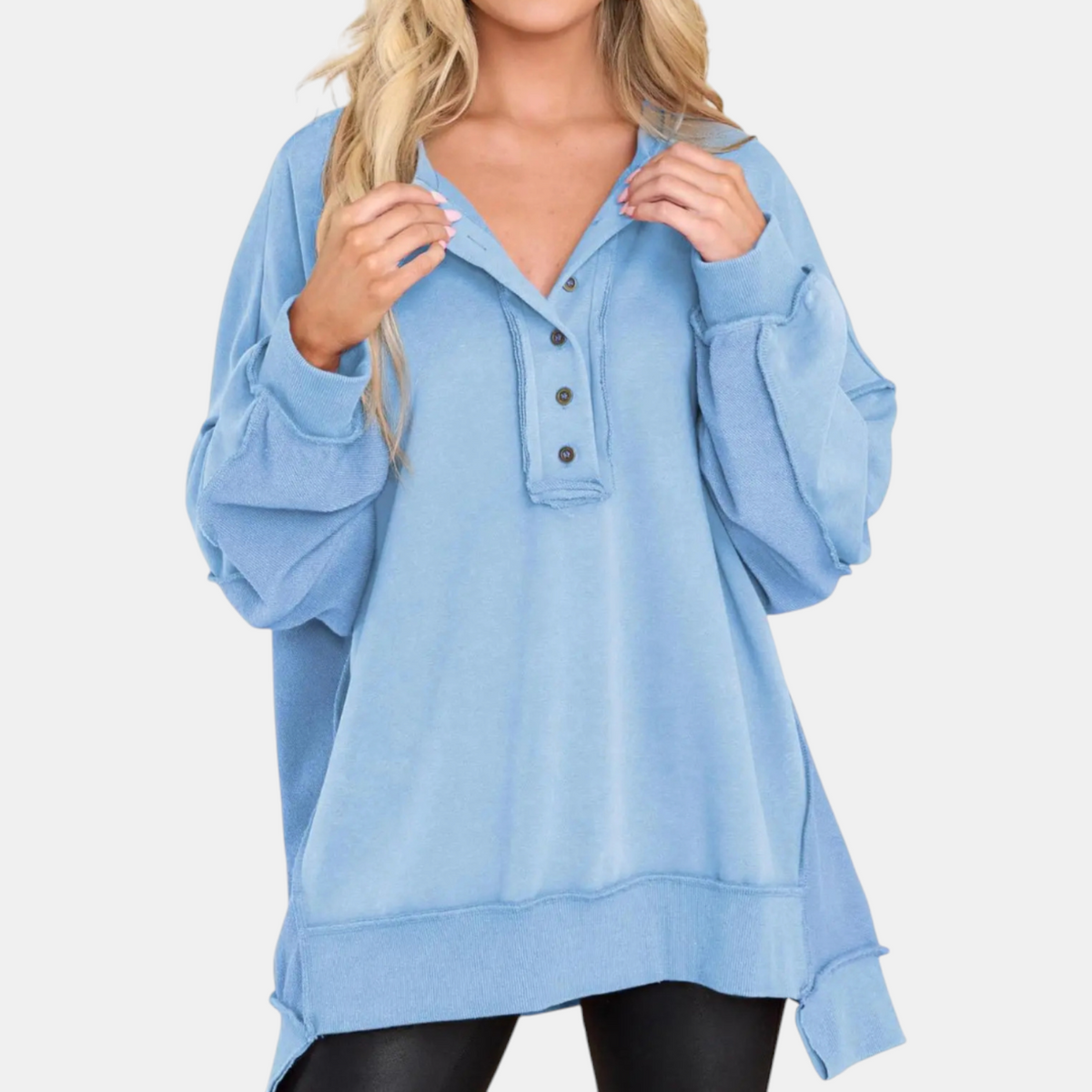 Women's Oversized Hoodie Button Placket Balloon Sleeve Sweatshirt