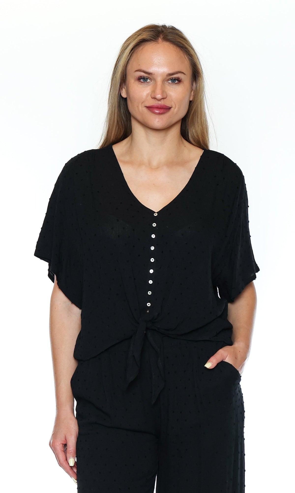 Button Front Tie Detail Blouse