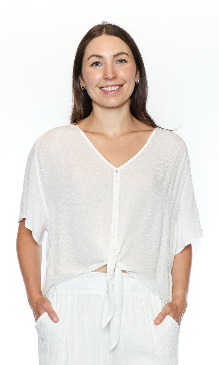 Button Front Tie Detail Blouse