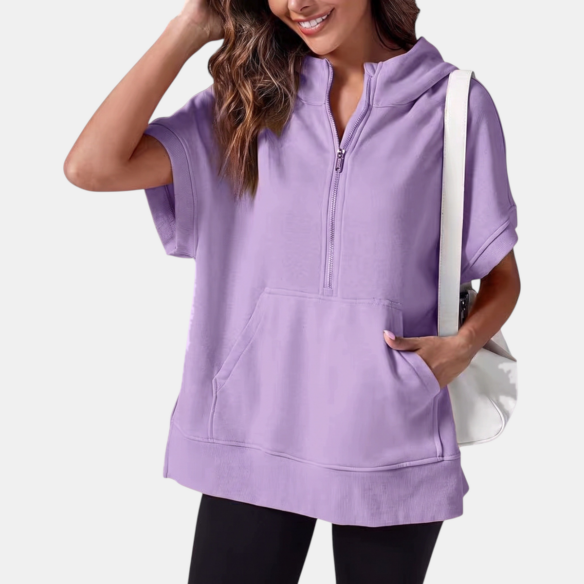 Women's Half Zip Hoodie Oversized Short Sleeve Sweatshirt