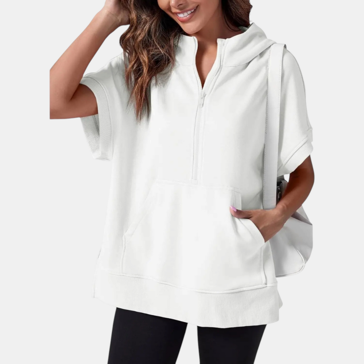 Women's Half Zip Hoodie Oversized Short Sleeve Sweatshirt