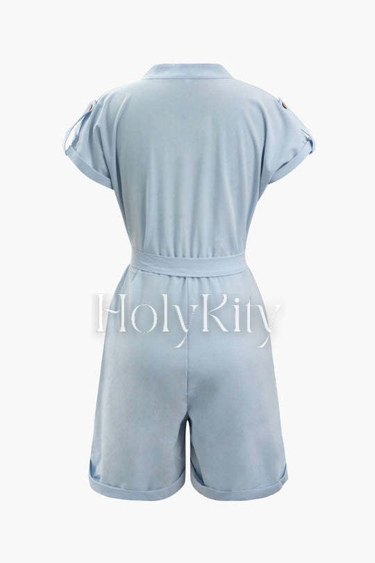 Chest Pocket Rolled Hem Belted Romper