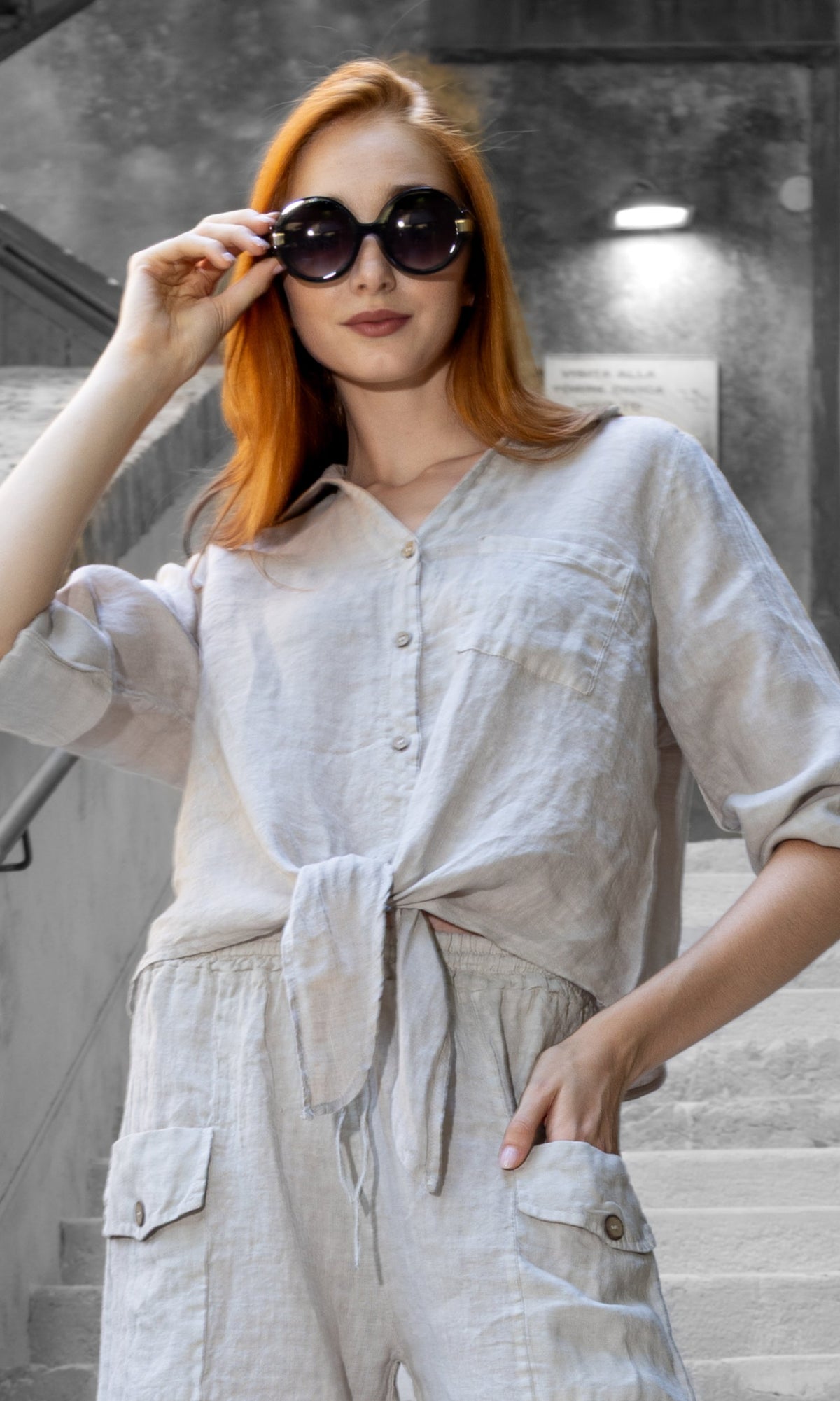 Linen Tie-Front Roll-Tab Shirt