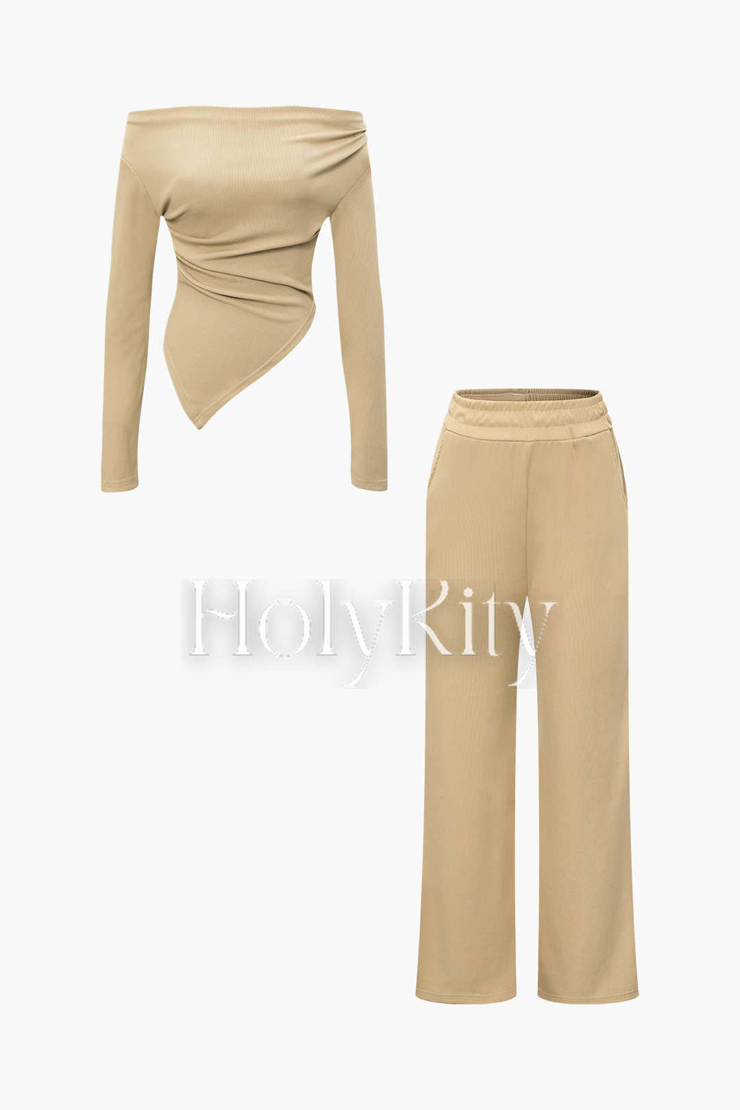 Off Shoulder Ruched Asymmetric Top And Straight Leg Pants Set