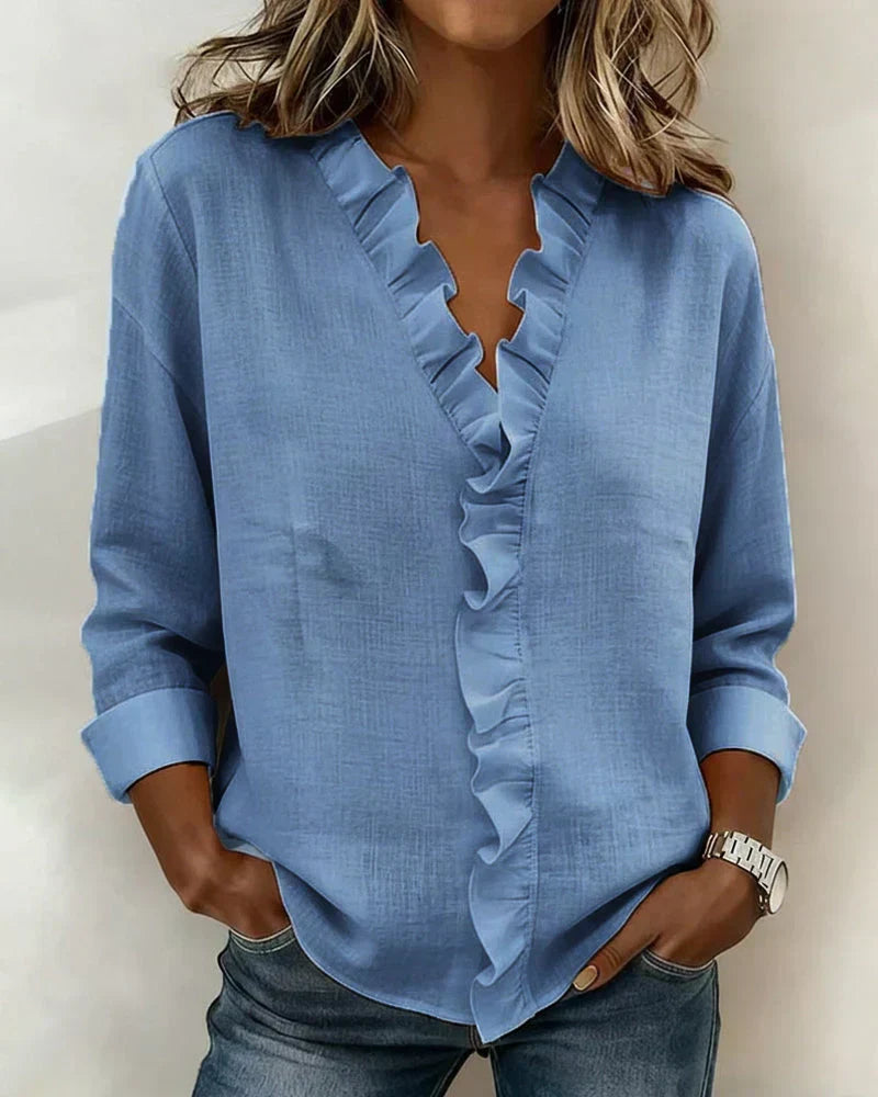 Indie | Blouse with Ruffles, V-Neck and Long Sleeves