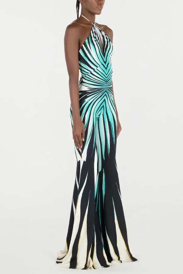 Unique Striped Print Halter Neck Cutout Tie-up Casual Flared Jumpsuit
