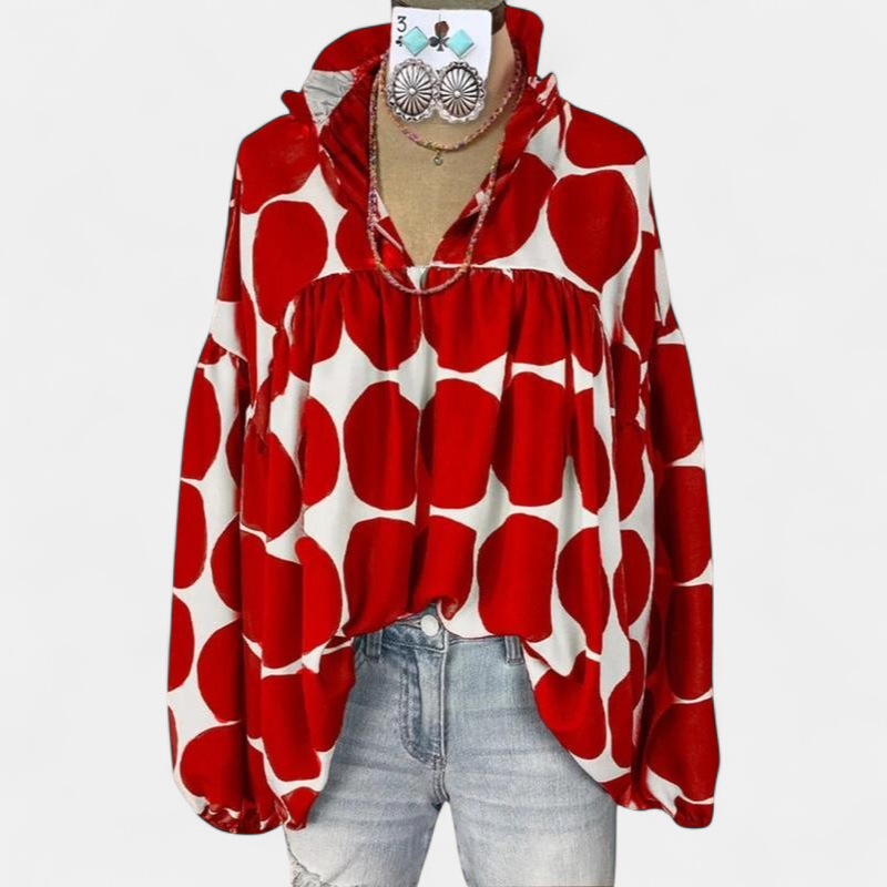 FIONA | Elegant V-Neck Red Dot Print Blouse with Lantern Sleeves