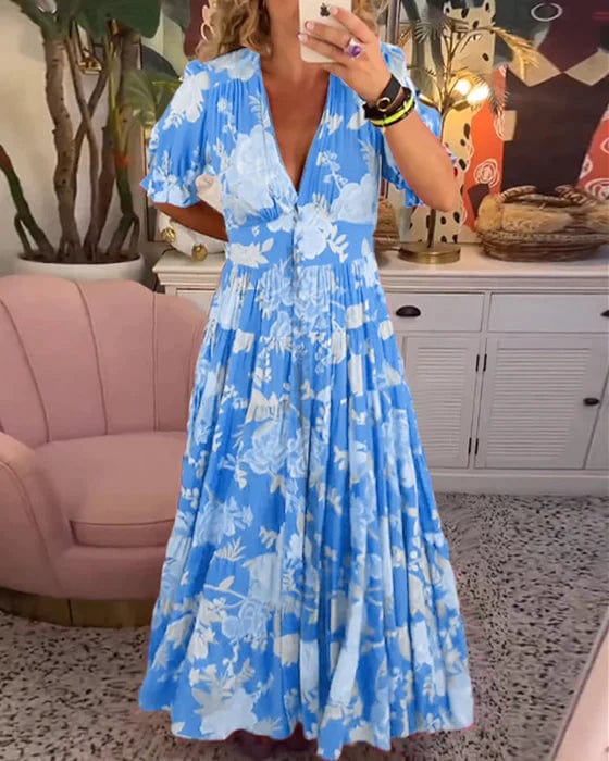 Orla™ Elegant Printed Dress with V-Neck and Pockets
