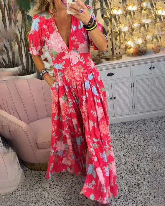 Orla™ Elegant Printed Dress with V-Neck and Pockets