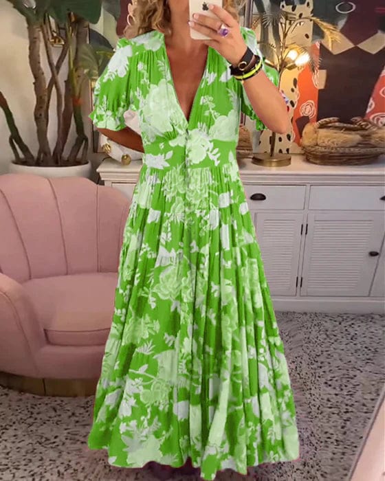 Orla™ Elegant Printed Dress with V-Neck and Pockets