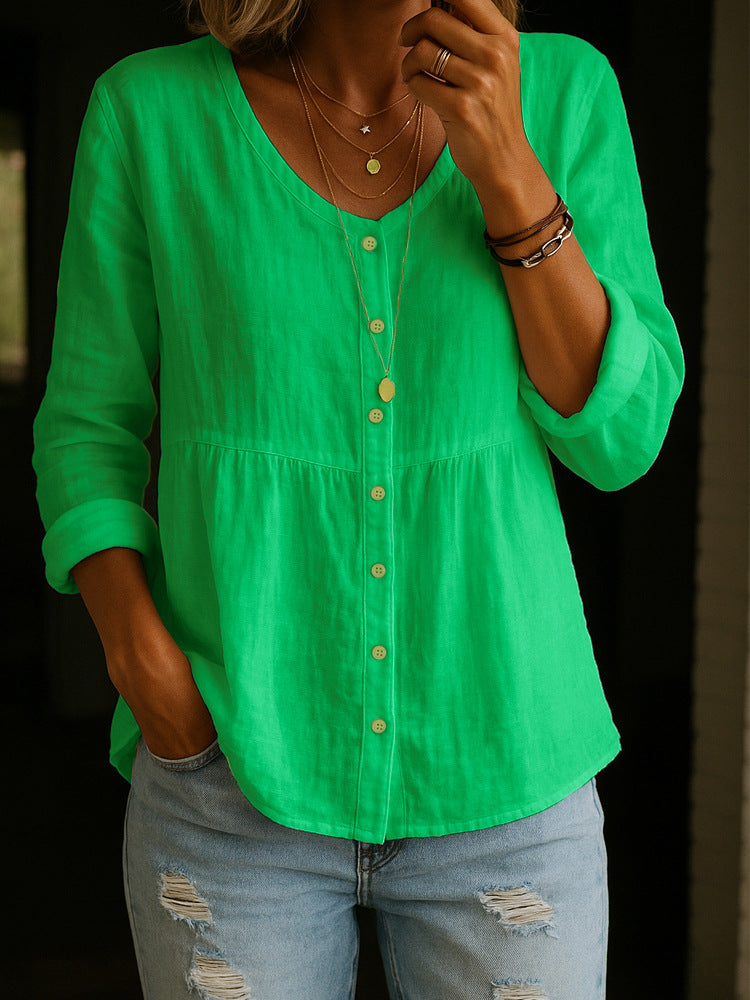 Comfortable Solid Button-Front Relaxed Blouse