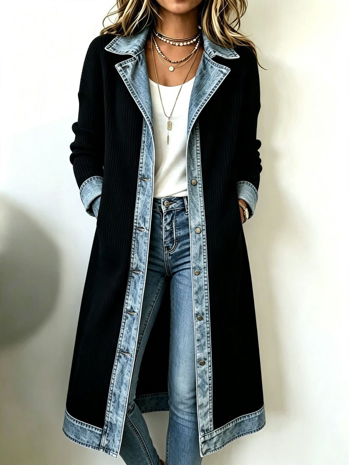 Riley™ | Denim-Trim Longline Cardigan