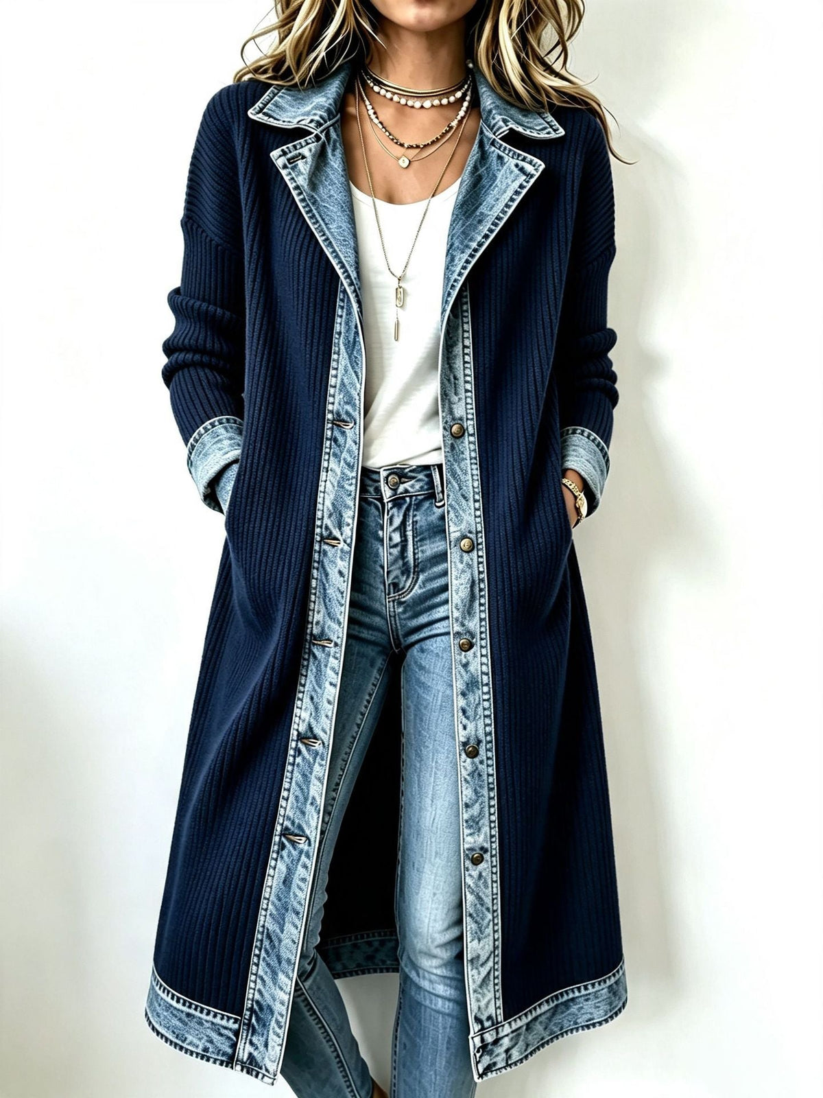 Riley™ | Denim-Trim Longline Cardigan
