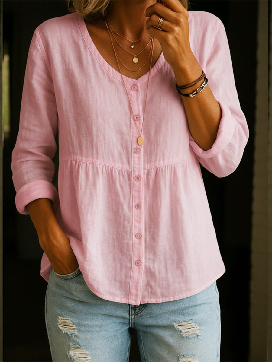 Comfortable Solid Button-Front Relaxed Blouse