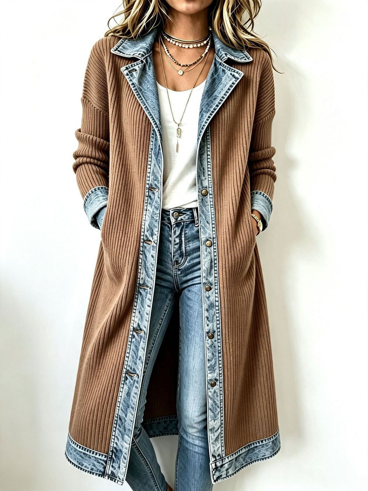 Riley™ | Denim-Trim Longline Cardigan