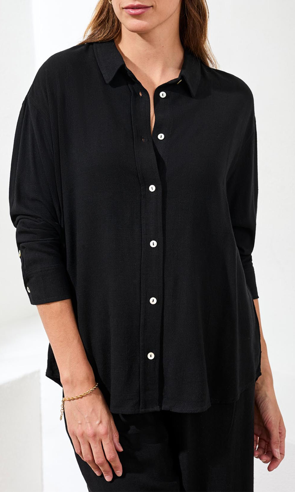 Relaxed Button-Front Long Sleeve Blouse