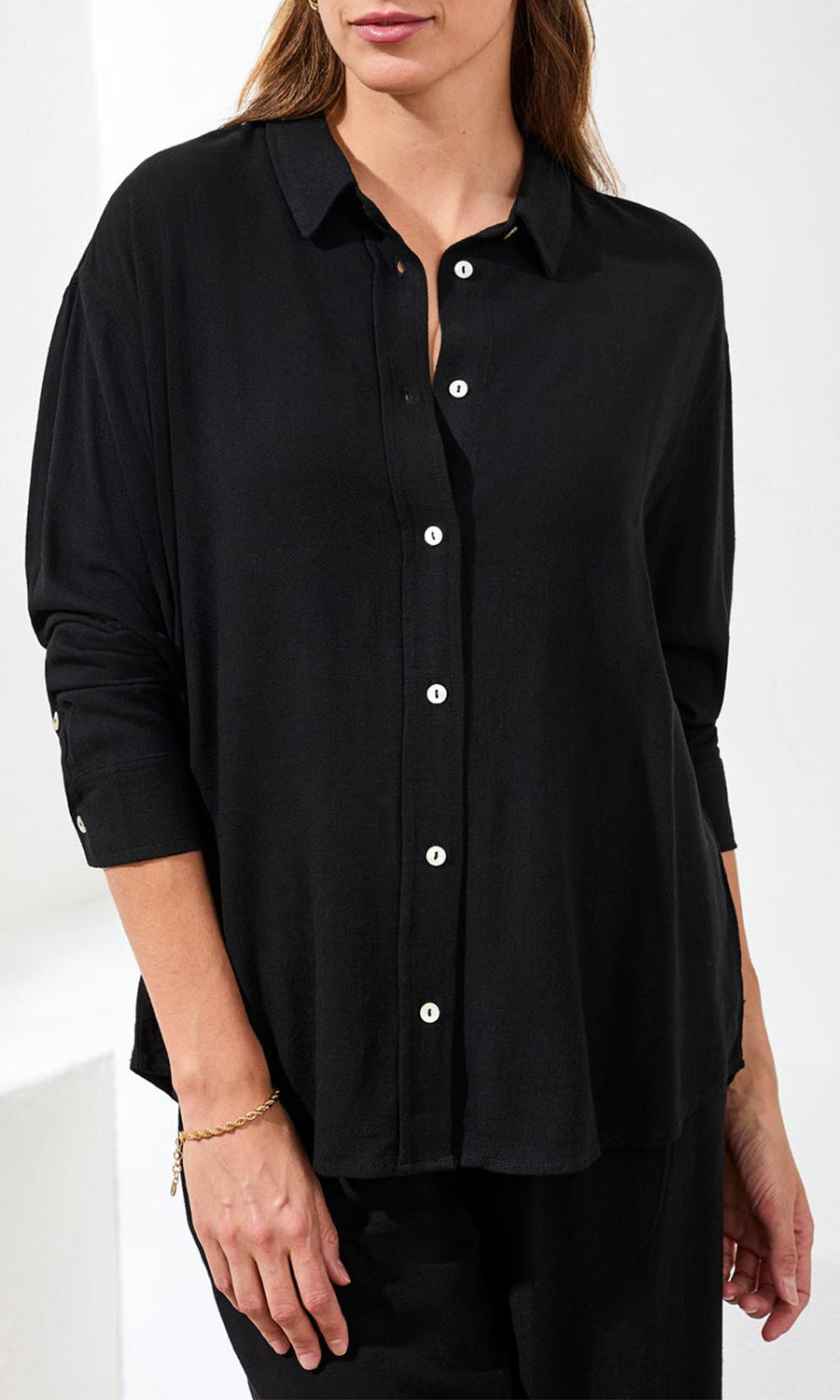 Relaxed Button-Front Long Sleeve Blouse