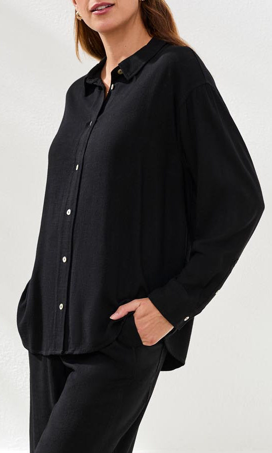 Relaxed Button-Front Long Sleeve Blouse